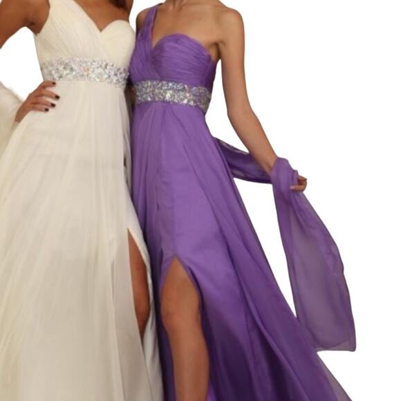 TEMPTATION Purple Lilac Gown Chiffon One Shoulder Embellished Rhinestone Dress 2 - Picture 7 of 7
